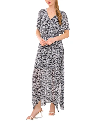 CeCe Women's V-Neck Smocked-Waist Floral-Print Maxi Dress