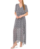 CeCe Women's V-Neck Smocked-Waist Floral-Print Maxi Dress