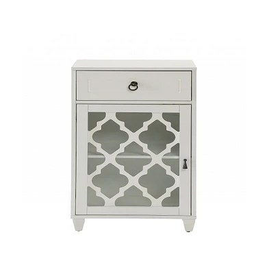 Fret Work Glass Door Cabinet with Decorative Accents and Storage