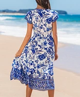 Cupshe Women's Blue Floral Smocked Waist Midi Beach Dress