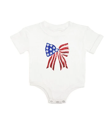 Sweet Wink Baby Girls Patriotic Sequin Bow Patch Short Sleeve Romper
