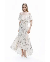 Nocturne Women's Patterned Midi Dress with Sash Tie