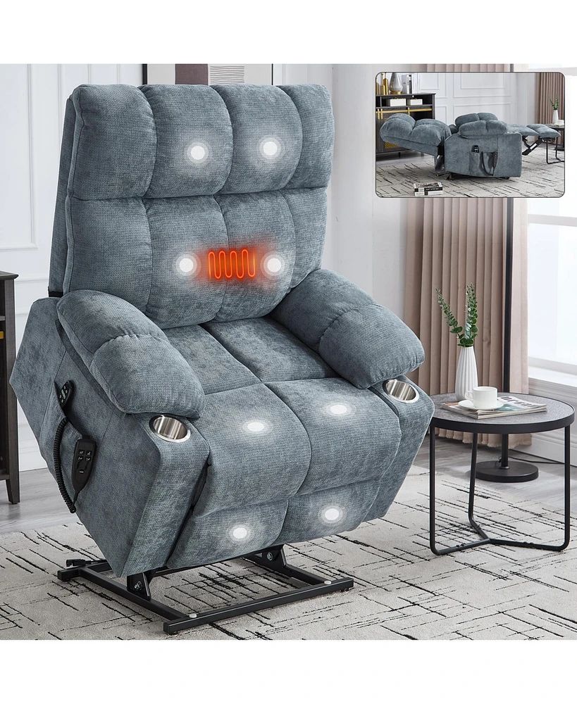 Grey Chenille Power Lift Recliner with Dual Motors, 350lb Capacity, 8-Point Massage, Lumbar Heat