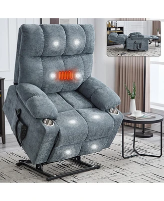 Grey Chenille Power Lift Recliner with Dual Motors, 350lb Capacity, 8-Point Massage, Lumbar Heat