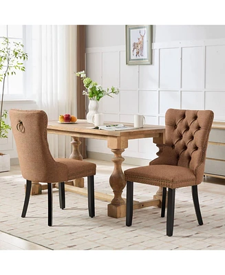 Nikki Tufted Upholstered Linen Dining Chair with Nailhead Trim, 2-Piece Set in Coffee