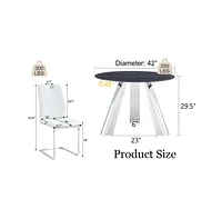 Round Stainless Steel Table and 4 White Dining Chairs with Silver Metal Legs