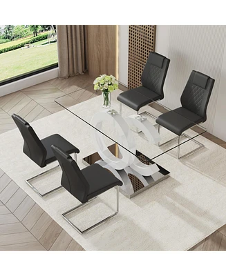 63" Glass Dining Table with 4 Pu Chairs in Black