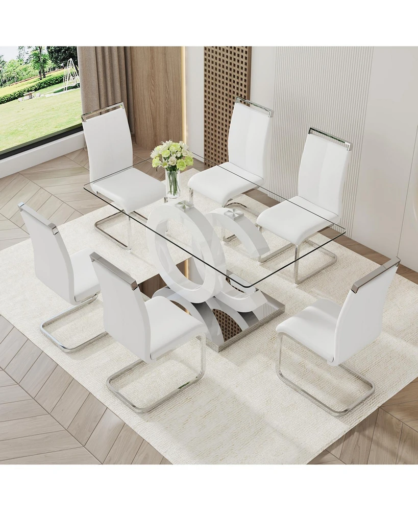 Translucent Glass Dining Set: Rectangular Table & 6 Pu Chairs