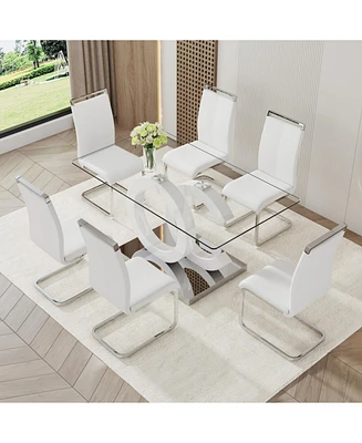 Translucent Glass Dining Set: Rectangular Table & 6 Pu Chairs