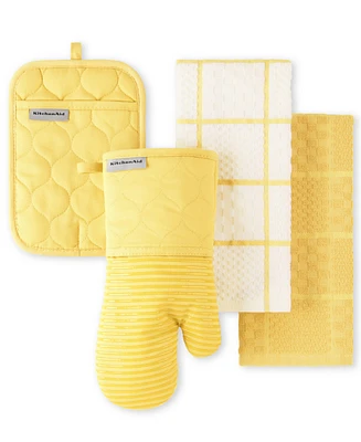 KitchenAid Quilted Cotton Terry Cloth Kitchen Towel, Oven Mitt, Pot Holder, 4-Pack Set