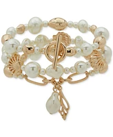 Anne Klein Gold-Tone Imitation Pearl Shell-Motif Triple-Row Stretch Bracelet
