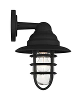 Marlowe Rustic Industrial Nautical Outdoor Wall Light Fixtures Set of 2 Black Hooded Cage 13" Clear Glass for Post Exterior Barn Deck House Home