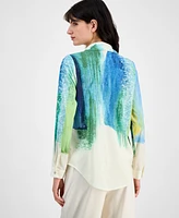 T Tahari Women's Watercolor-Print Long-Sleeve Blouse