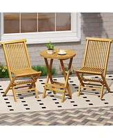Patio Folding Side Table Teak Wood Round End Table with Slatted Tabletop and X-Shaped Frame