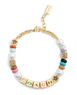 Coach Faux Cultivated Pearl Signature Logo Enamel Mixed Beaded Bracelet