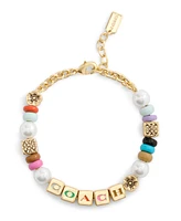 Coach Faux Cultivated Pearl Signature Logo Enamel Mixed Beaded Bracelet