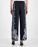 T Tahari Women's Wide-Leg Leaf-Print Straight-Leg Pants