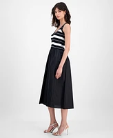 T Tahari Women's Striped-Bodice Mixed-Media Midi Dress