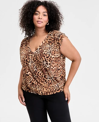 I.n.c. International Concepts Plus Animal-Print V-Neck Top, Exclusively at Macy's