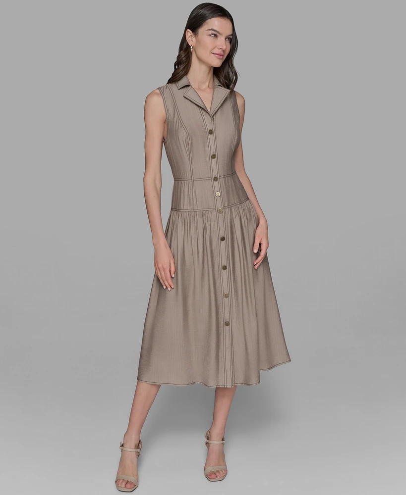 Karl Lagerfeld Paris Petite Notched Collar Sleeveless Midi Shirtdress