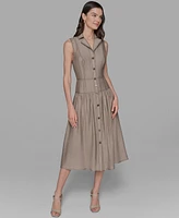 Karl Lagerfeld Paris Petite Notched Collar Sleeveless Midi Shirtdress