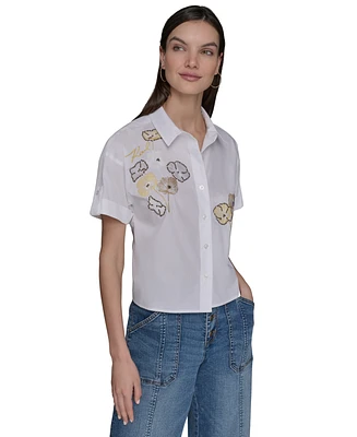 Karl Lagerfeld Paris Women's Embroidered Floral Camp Shirt