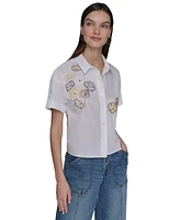 Karl Lagerfeld Paris Women's Embroidered Floral Camp Shirt