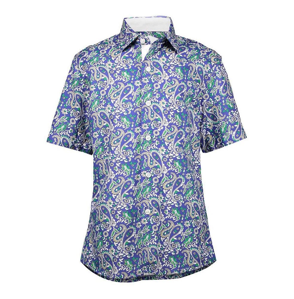 Elie Balleh Big Boys Blue Paisley Slim Fit Short Sleeve Shirt