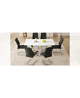 Modern Glass Dining Set: Marble Table & 6 Black Pu Chairs