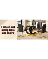 63" Glass Dining Set: Table & 4 Black Chairs, Gold Legs