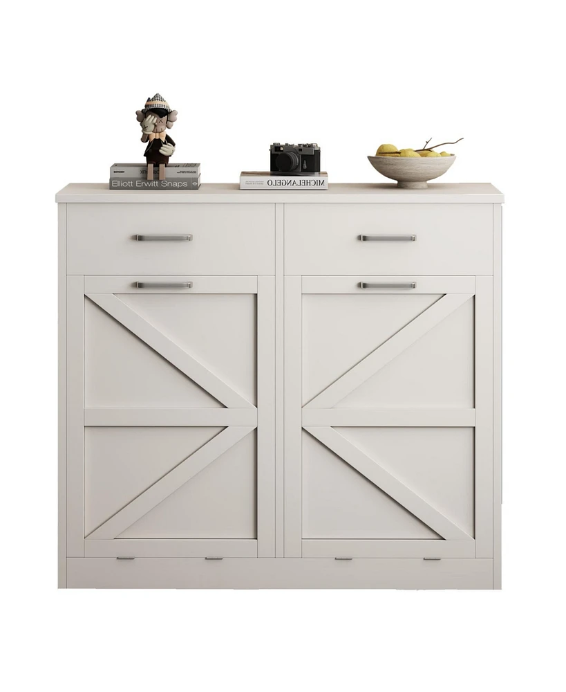White Tilt Out Trash Cabinet with 2 drawer, Quick Installation and Deodorising Function, Wooden Freestanding Trash Can Cabinet Holds Up to 2x10 Gallon