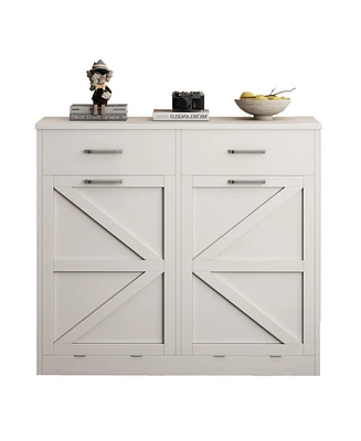 White Tilt Out Trash Cabinet with 2 drawer, Quick Installation and Deodorising Function, Wooden Freestanding Trash Can Cabinet Holds Up to 2x10 Gallon