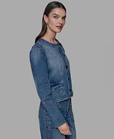 Karl Lagerfeld Paris Petite Crewneck Button-Front Denim Jacket