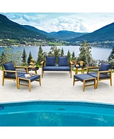 7 Piece Conversation Set Rattan Woven Chair Set with 2 Coffee Tables & 2 Ottomans
