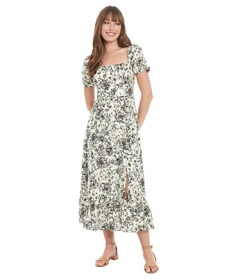 London Times Women's Puff-Sleeve Ruched Smocked-Back Empire Midi Dress