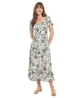 London Times Women's Puff-Sleeve Ruched Smocked-Back Empire Midi Dress