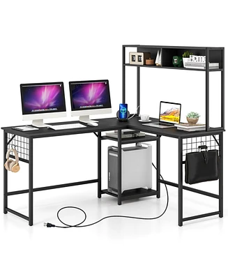 L-shaped Desk with Power Outlet Hutch