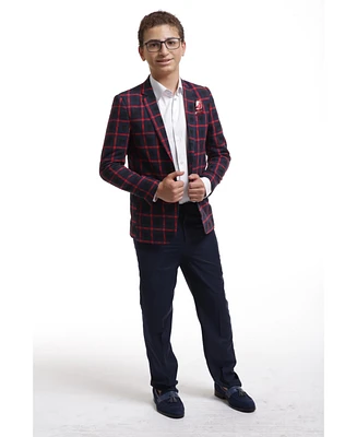 Elie Balleh Boys Navy Slim Fit Checkered Sports Coat