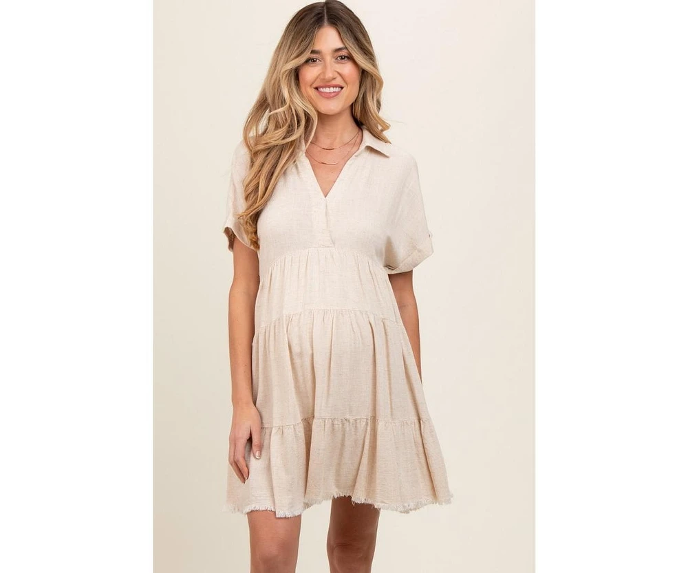 Pinkblush Maternity Cream Tiered Linen Dress
