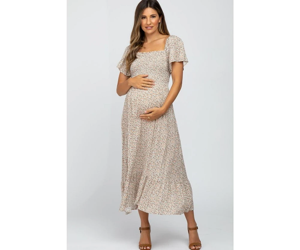 Pinkblush Maternity Ivory Floral Smocked Maxi Dress