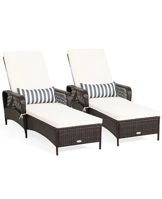 Gymax Set of 2 Rattan Patio Lounge Chair Chaise w/ Adjustable Backrest Cushion & Pillow