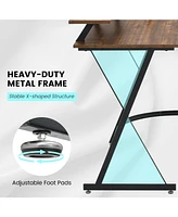 L-shaped Computer Desk with Power Outlet and Monitor Stand