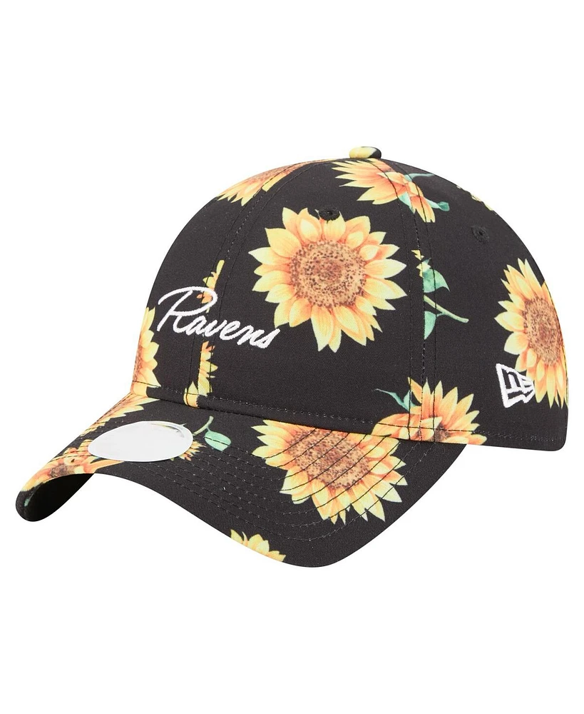 New Era Women's Black Baltimore Ravens Adventure Sunflower 9TWENTY Adjustable Hat