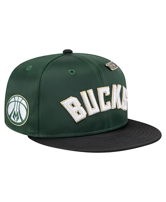 New Era Men's Hunter Green/Black Milwaukee Bucks Throwback Satin Vintage Pin Two-Tone 59FIFTY Fitted Hat