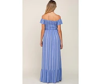 Pinkblush Maternity Blue Striped Off Shoulder Front Tie Maxi Dress