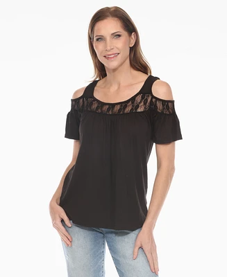 White Mark Women's Cold Shoulder Lace Trim Knit Top