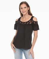 White Mark Women's Cold Shoulder Lace Trim Knit Top