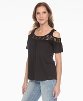 White Mark Women's Cold Shoulder Lace Trim Knit Top