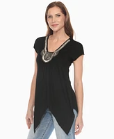 White Mark Women's Beaded Angled Hem Knit Top