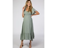 Pinkblush Maternity Light Olive Smocked V-Neck Midi Dress